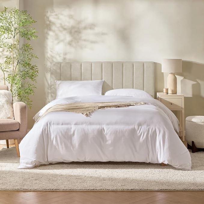Nestl Upholstered Queen Headboard - Easy Assemble Channel Stitched Headboard Queen Size - Wall Mounted Headboards with 3D Soundproof Wall Panels Peel & Stick Floating Headboards, Linen
