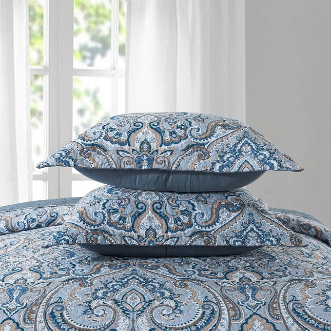 Cotton Bedspread Quilt Sets-Reversible Patchwork Coverlet Set, European Grey Floral Pattern, Queen Size