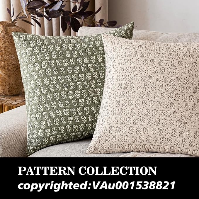 Foindtower Set of 2 Decorative Neutral Floral Print Throw Pillow Covers Vintage Accent Farmhouse Cushion Covers Boho Home Decor for Sofa Couch Chair Bedroom Living Room,20×20 Inch,Sage Green