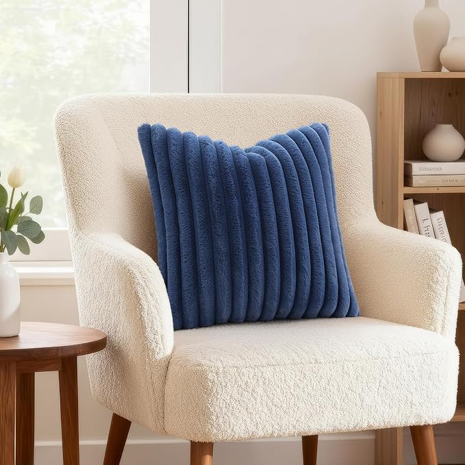decorUhome Fall Faux Fur Throw Pillow Covers 24x24 Set of 2 Navy Blue | Decorative Soft Cozy Striped Plush Modern Farmhouse Boho Couch Pillow Cases Velvet Back for Sofa Bed Living Room Home Decor