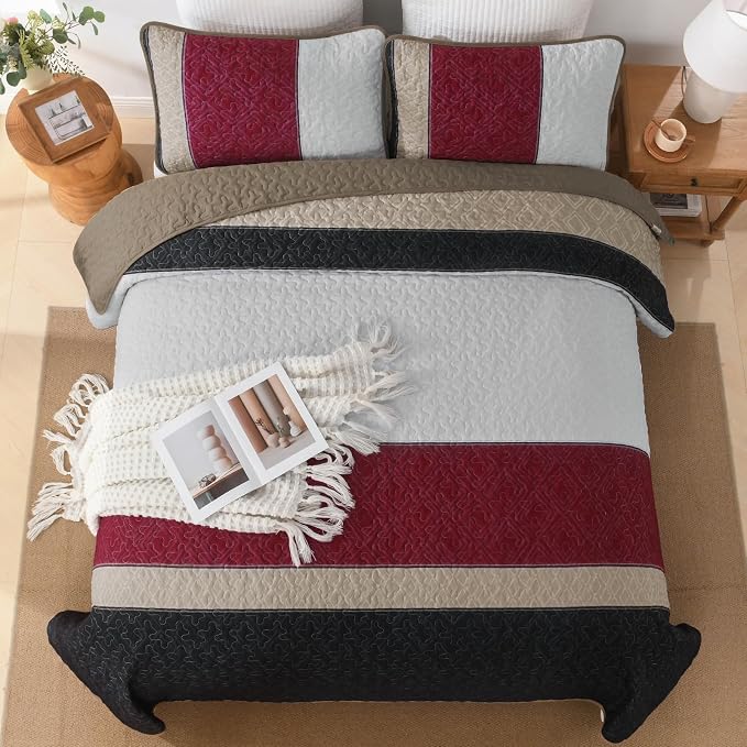 Cottolester Quilts Queen Size,Black Red Striped Bedspread Coverlet Set | Lightweight Patchwork Quilted Bedding Set with 2 PillowShams,Soft Microfiber,All Seasons Quilts Queen Size for Bed 96"x90"