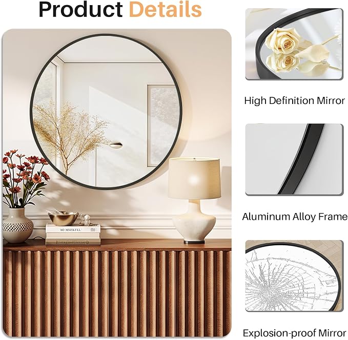 Bathroom Mirror for Wall, 24 Inch Round Mirrors | Circle Vanity Mirror for Bathroom Bedroom Living Room Entryway, Anti-Rust, Tempered Glass, Hanging or Leaning