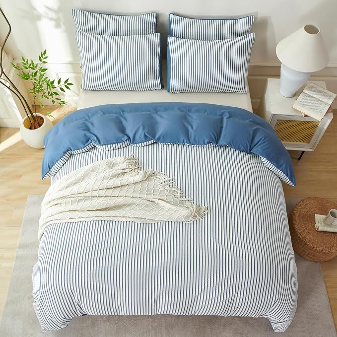Striped Comforter Set Queen Denim Blue Soft Luxury Washed Microfiber Jacquard 3 Pieces Bedding Set, White Denim Blue Vertical Ticking Stripes Comforter with 2 Pillowcases Breathable Durable Comfy