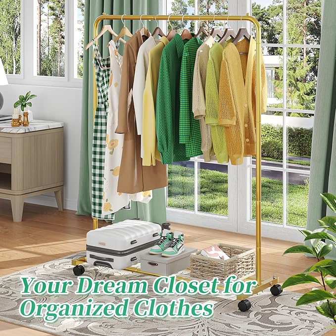 Simple Trending Standard Clothes Clothing Garment Rack with Storage Shelves, Rolling Clothes Organizer on Wheels for Hanging Clothes, Gold (Pack of 2)