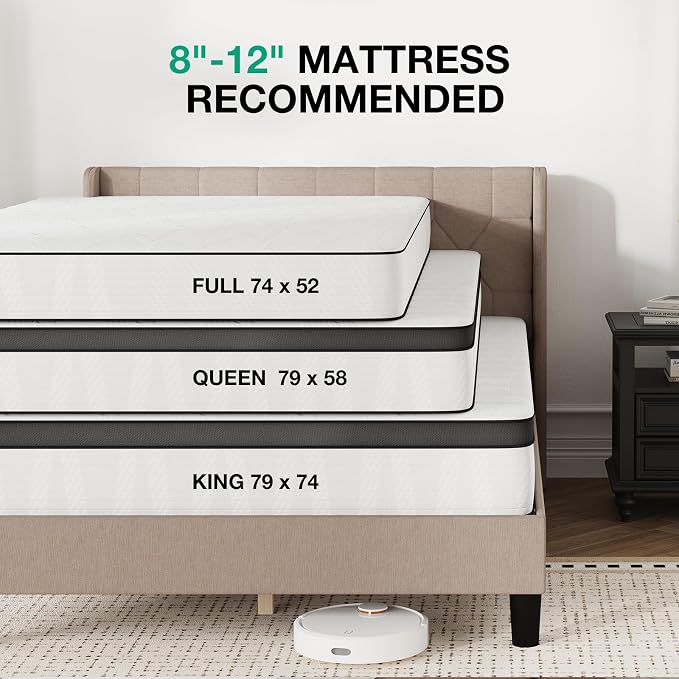 Novilla Queen Bed Frame with Headboard, Queen Size Bed Frame, Linen Upholstered Pull-Point Wing Side Headboard, No Box Spring Needed, Heavy Duty Feet, Easy Assembly, Beige