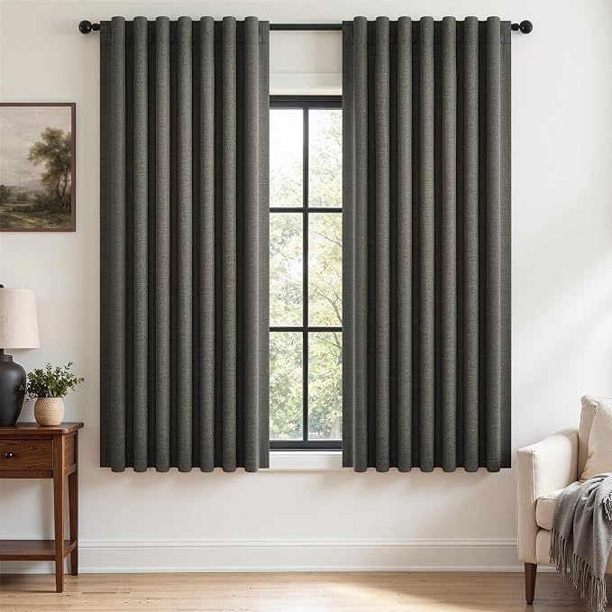 Topfinel 72 Inch Total Blackout Curtains for Bedroom Heat Blocking Linen Blended Energy Efficient Insulated Modern Farmhouse Cabin Closet Dark Grey Bay Windows Drapes 2 Panels Set Back Tab Hook Rings