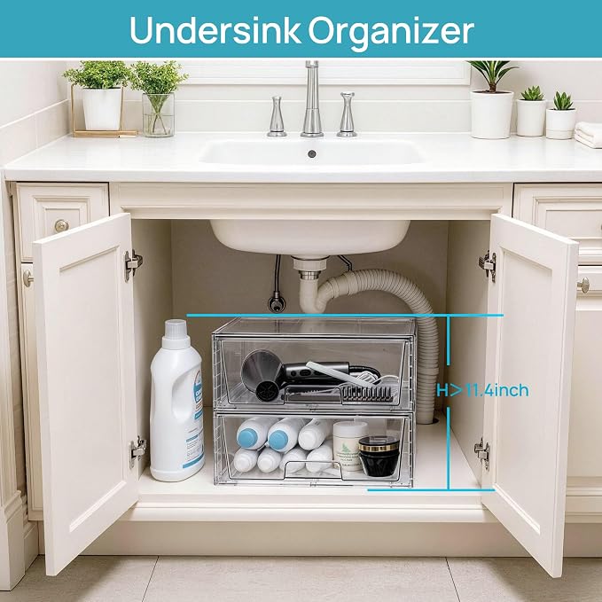 Vtopmart 8 Pack Large Clear Stackable Storage Drawers for Closet, Pantry | Easily Assemble Bathroom Closet Undersink Organizers,Plastic Bins for Cabinet,Kitchen Pantry,Medicine Organization