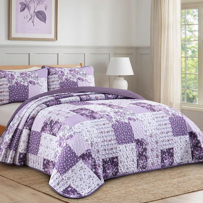 Anibedding Purple Patchwork Quilt Set King, Rose Floral Plaid Bedspread | Lavender Vintage Flower Coverlet, Lighweight Microfiber Farmhouse Quilt Bedding Set 3 Pieces for All Season, 96''x90''
