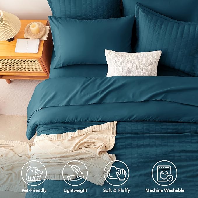 King Size Comforter Set 7 Pieces Lyons Blue Seersucker Bed in a Bag | OEKO-TEX Certified, All Season Bedding Set with 240 GSM Down Alternative Comforter, Flat & Fitted Sheets, Pillowcases & Shams