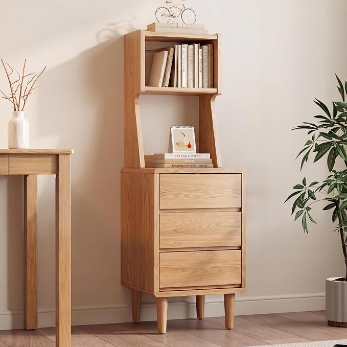 Solid Wood Bookshelf Nightstand Combo, Tall Nightstand with Bookshelf | Oak Nightstand Bookshelf,Narrow Nightstand with Drawers,Open Shelf Bookcase,for Bedroom,Living Room,Offices