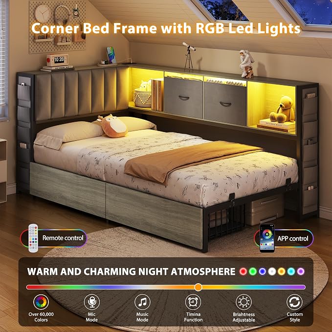 MapleGrace Twin Corner Bed Frame with Upholstered Storage Headboard and Drawers, Metal Platform Bed Frame with LED Light and Charging Station, Twin Daybed for Living Room, Bedroom & Guest Room, Gray