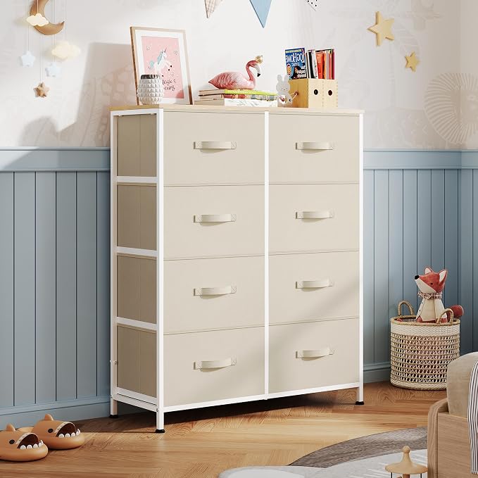 WLIVE Fabric Dresser for Bedroom, Tall Dresser with 8 Drawers, Storage Tower with Fabric Bins, Double Dresser, Chest of Drawers for Closet, Playroom, Dormitory, Cream White