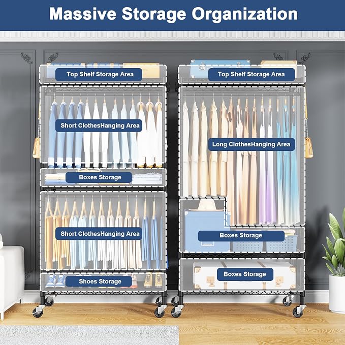 P8C Heavy Duty Clothes Rack（With Extended Width Design） Rolling Clothing Racks for Hanging Clothes with Lockable Wheels，31.5" W x 15.8" D x 80.5" H，Max Load 600LBS，Black Rack with Black Cover
