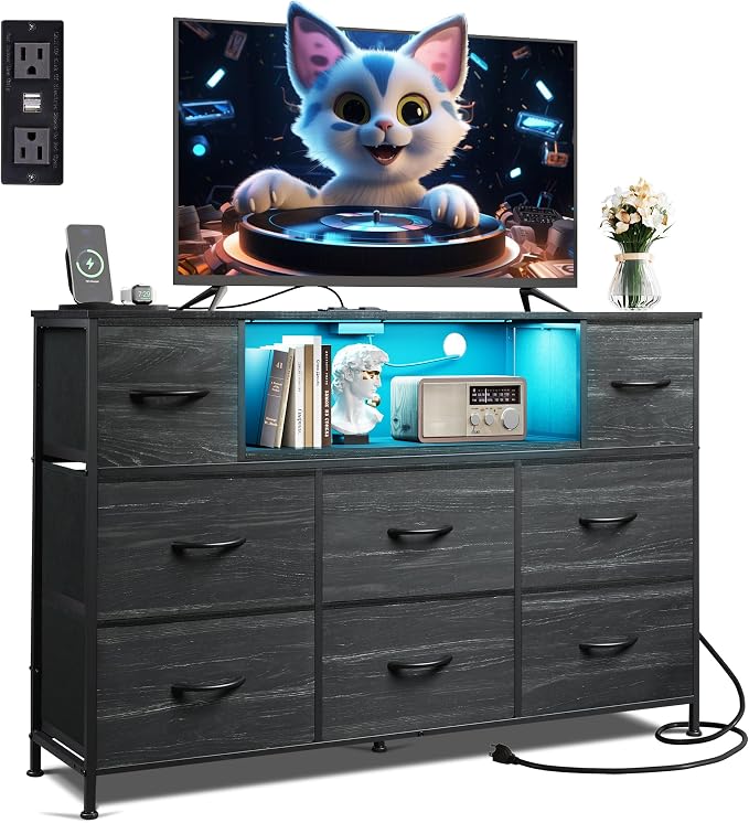WLIVE Dresser TV Stand for 55 Inch TV, 8 Drawers, LED, Black Wood Grain | Fits TVs up to 55 inch, 8 fabric drawers, Built-in power outlet, Chest of drawers, Living room or bedroom