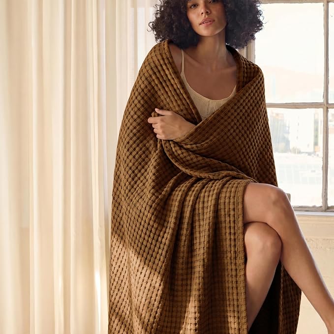 Bedsure Cooling Cotton Waffle Full Size Blanket - Lightweight Breathable Blanket of Rayon Derived from Bamboo for Hot Sleepers, Luxury Throws for Bed, Couch and Sofa, Burnt Orange, 80x90 Inches