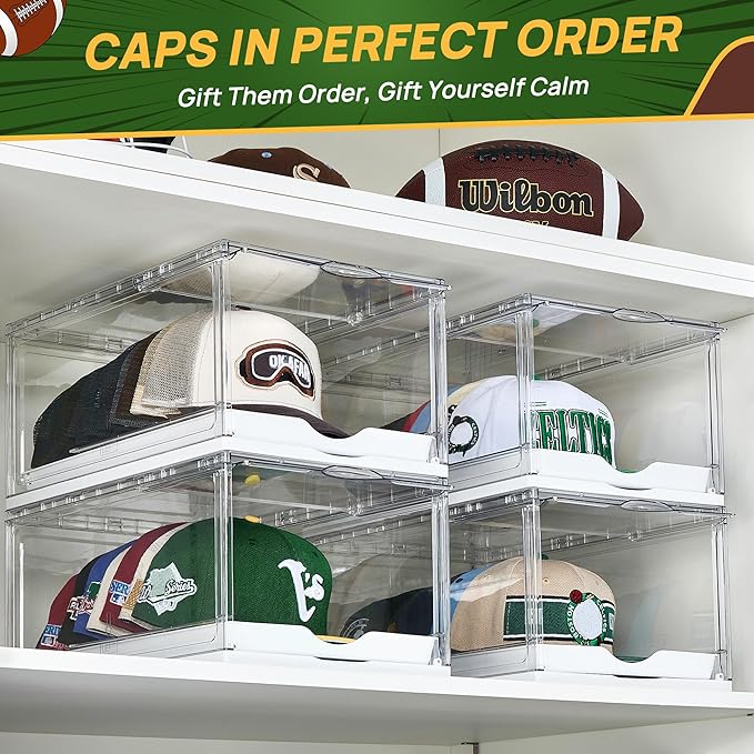 Vtopmart 6 Pack Stackable Baseball Caps Organizer, Each Holds 12 hats | with Sliding Drawer, Magnetic Door, Stackable, Transparent