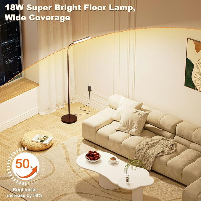 Yikuneng Dimmable LED Floor Lamp, Super Bright Reading Lamps Floor Standing lamp with Remote & Touch Control, Stepless Dimming & 2700K-6500K Color Temperature, for Living Room Bedroom Office, Brown