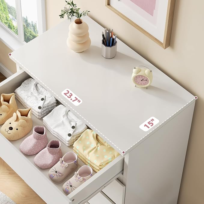 5 Drawer Dresser for Bedroom, White Dresser Chest of Drawers, Tall Dressers for Bedroom with Handleless Drawers, 15" D x 23.7" W x 40.4" H Storage Dressers for Living Room, Hallway and Entryway-White