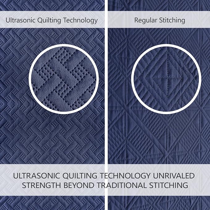 FLYMME King Size Quilt Set - Soft Navy Blue Quilts Lightweight Microfiber Bedspread - Classic Basket Weave Pattern Bedspreads Coverlet 3 Pieces for All-Season (1 Quilt, 2 Pillow Shams)