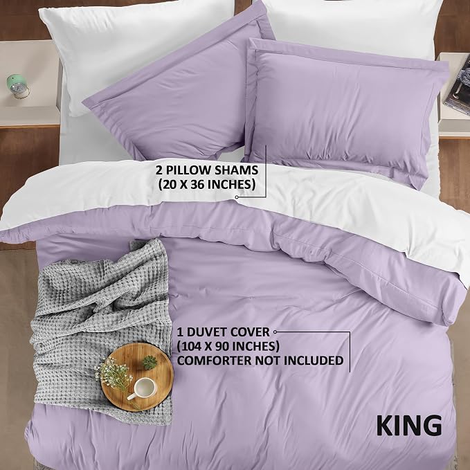 Duvet Cover King, 3 PC Cotton Like Polyester With Zipper Closure, Lavender | Extra Soft and Breathable, Wrinkle & Fade Resistant, Includes Duvet Cover and 2 Pillow Shams, Comforter Not Included, OekoTex