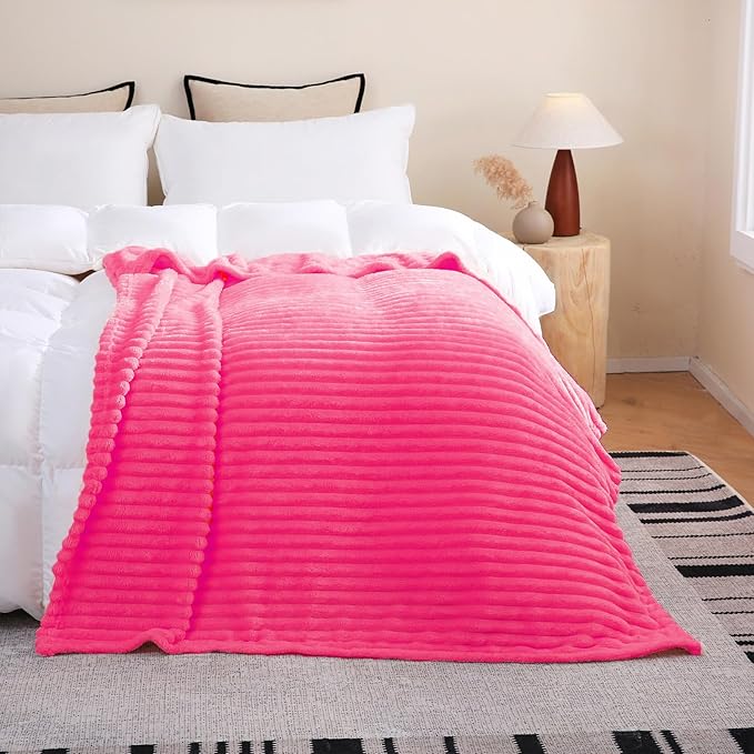 Hot Pink Fleece Throw Blanket 60”×80” for Couch Sofa Livingroom | Super Soft Cozy Plush Microfiber Flannel Bed Blanket Striped Design Lightweight Home Decor Gifts for Adults Mom Women