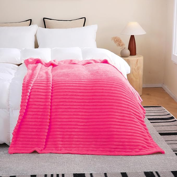 Hot Pink Fleece Throw Blanket 50”×60” for Couch Sofa Livingroom | Super Soft Cozy Plush Microfiber Flannel Bed Blanket Striped Design Lightweight Home Decor Gifts for Adults Mom Women