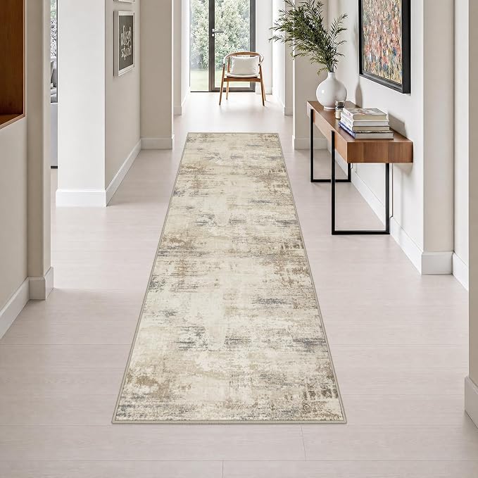 2.6x10 Washable Runner Rug:Modern Abstract Soft Carpet Beige Brown | For Hallway, Bedroom, Kitchen, Laundry, Bathroom,Door Mat,Modern Abstract,Machine washable,Non-Slip,Stain Resistant,Indoor