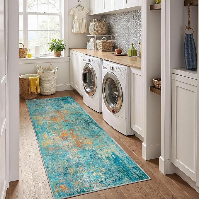 RELEANY Washable Runner 2'x10' Abstract Area Rug for Hallway Teal Multi | Carpet for Kitchen, Entryway, Bathroom, Living Room, Bedroom, Printed Pattern, Non‑Slip, Soft, Stain‑Resistant, Easy to Clean