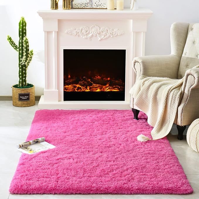 Modern Soft Fluffy Large Shaggy Rug for Bedroom Livingroom Dorm Kids Room Indoor Home Decorative, Non-Slip Plush Furry Fur Area Rugs Comfy Nursery Accent Floor Carpet 4'x6' Hot Pink