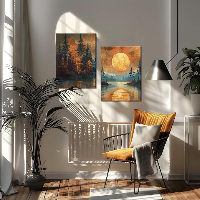 Framed Gold Mountain Forest Sunset Landscape Wall Art Set of 3, Abstract Boho Lakeside Forest Sunset Wall Decor, Vintage Nature Landscape Canvas Prints Poster for Living Room Bedroom Office 12x16 Inch