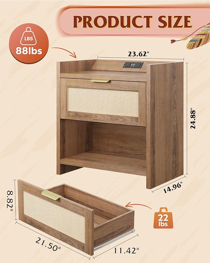 WLIVE Rattan Nightstands Set of 2, Night Stand Sets with Charging Station, Boho Bed Side Table with Storage Drawer and Open Shelf, End Tables Bedroom, Natural Oak