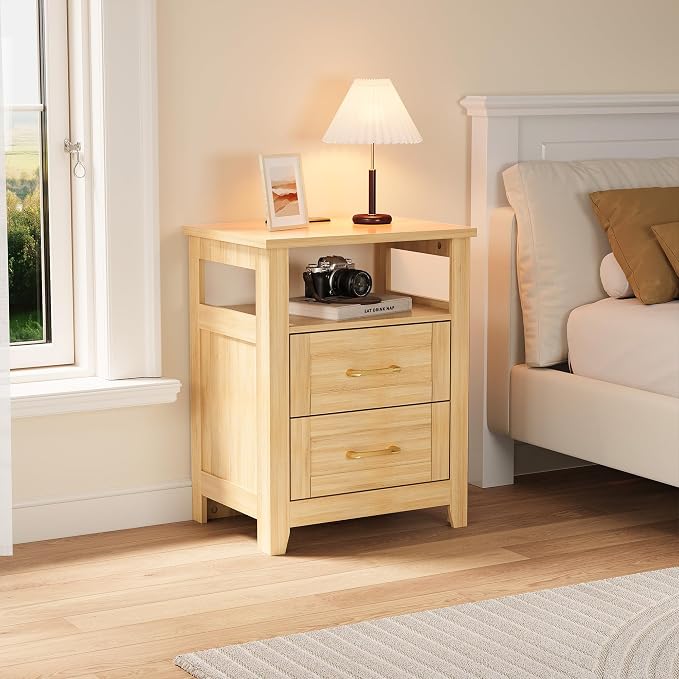 Decofy Farmhouse 2-Drawer Nightstand Set of 2 with Charging Station, Oak | Open Shelves, AC Outlets, USB And Type C Ports, Rustic Wood Bedside Tables, Storage For Small Items