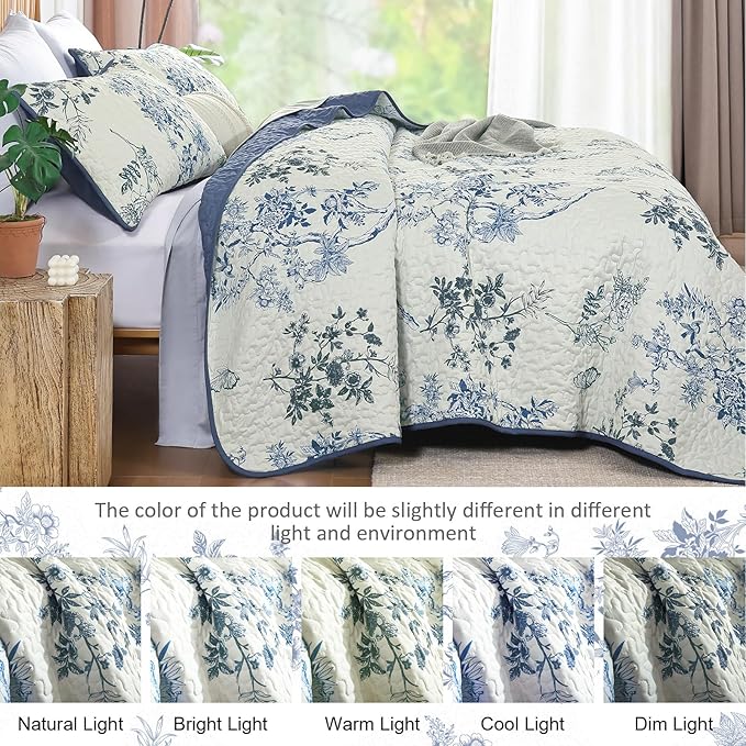WONGS BEDDING Floral Quilt Set Queen,3 Pcs Blue Bedspreads Coverlets Set | Spring Summer Floral Farmhouse Bedspread with 2 Shams,Soft Microfiber Lightweight Coverlet for All Season 96"×90"