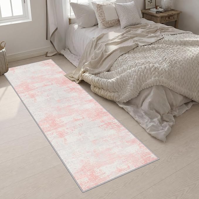 2.6x10 Washable Runner Rug:Modern Abstract Soft Carpet Pink White | For Hallway, Bedroom, Kitchen, Laundry, Bathroom,Door Mat,Modern Abstract,Machine washable,Non-Slip,Stain Resistant,Indoor