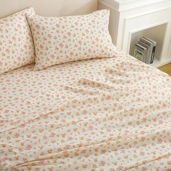Viviland Floral King Sheet Set - 4 Piece Vintage Lavender Flower and Leaves Patterned Bed Sheets - Soft, Breathable Microfiber Sheets with Deep Pocket, Non-Slip Fitted Sheets & Pillowcases