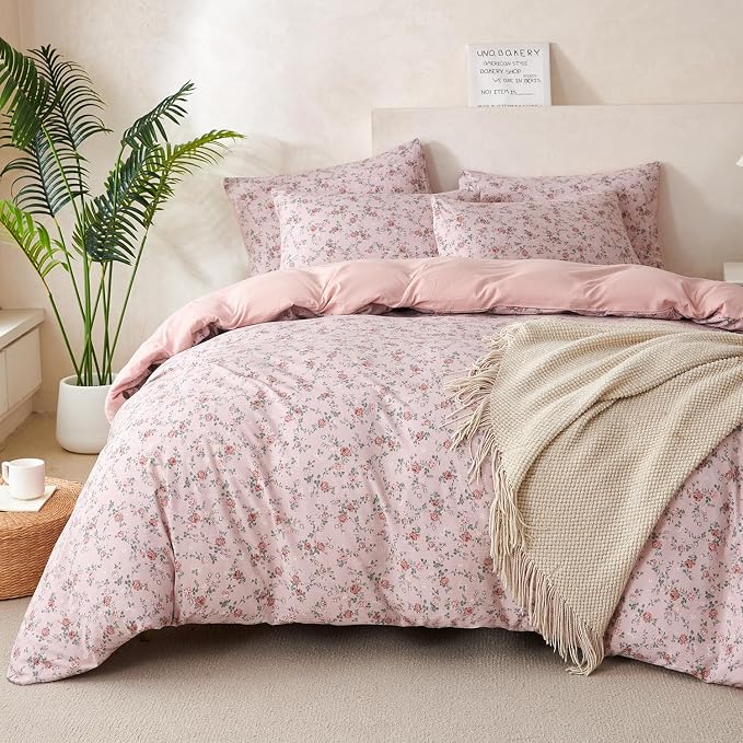 Floral Comforter Set King 3 Pieces Soft Chic Crinkle Gauze Fabric Garden Style Pink Flower Print Botanical Comforter for All Seasons Luxury Warmth Comfy Breathable with 2 Pillowcases