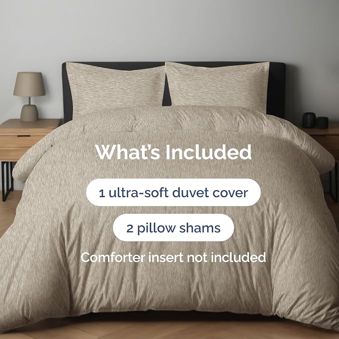 Duvet Cover Full Size - 3 Piece with Zipper Closure - Heathered Beige | Extra Soft, Breathable, Full Duvet Cover 80" x 90" with 2 Pillow Shams, Zipper Closures & Ties, Women, Men, Kids & Teens