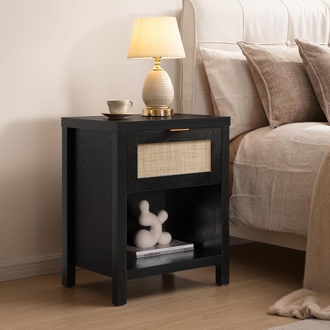 SICOTAS Black Rattan Nightstands Set of 2 with Drawer | Farmhouse Bedside Table with Storage, 19.7" Modern Bed Side Table for Bedroom, Small Space, Black Oak