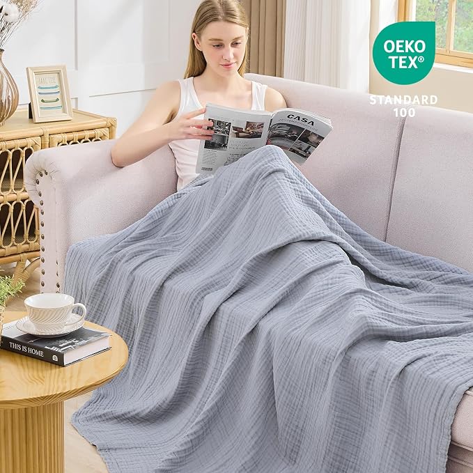 EMME Muslin Blankets for Adults Throw Blanket for Couch Breathable Gauze Soft Lightweight Airy Dusty Blue Throw XL 50" x 71"