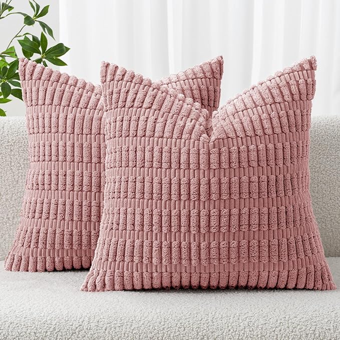 MIULEE Corduroy Decorative Throw Pillow Covers 18x18 Blush Pink Pack of 2 | Soft Boho Striped Pillow Covers Modern Farmhouse Home Decor For Sofa Living Room Couch Bed