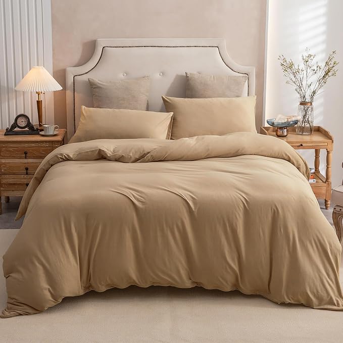 PURE ERA Jersey Knit Sheet Set Solid Toffee Brown Queen | 100% Cotton, 3 Piece Set, T Shirt Soft, Breathable, Envelope Closure Pillowcases, Hidden Zipper, 8 Ties, No Insert, Modern