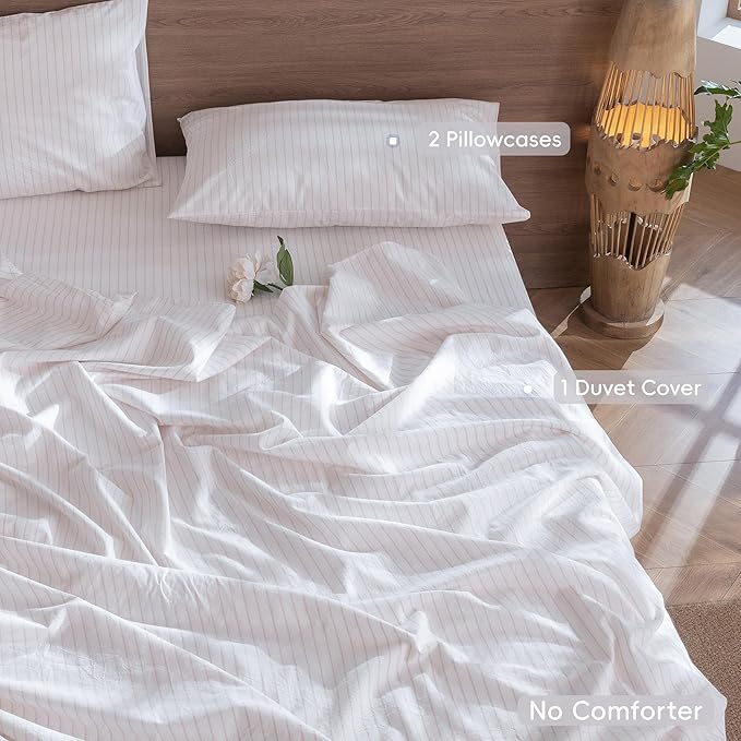 MooMee Striped Duvet Cover Set 100% Washed Cotton Linen Like Full | Relaxed Linen-like Texture. Soft, Breathable & Long-lasting Comfort. Lightweight. Hidden Zipper with 8 Interior Corner Ties