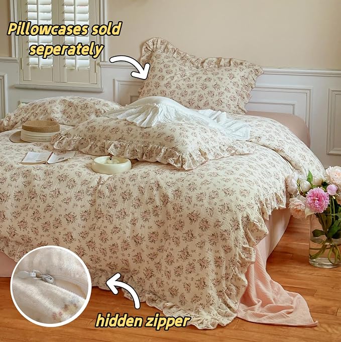 Muslin Duvet Cover Full for Kids Adults Elegant Pink Floral Duvet Covers with Ruffles Soft Breathable Comforter Cover Quilted Cover for Women Girls, 79"x90", No Pillow Cases