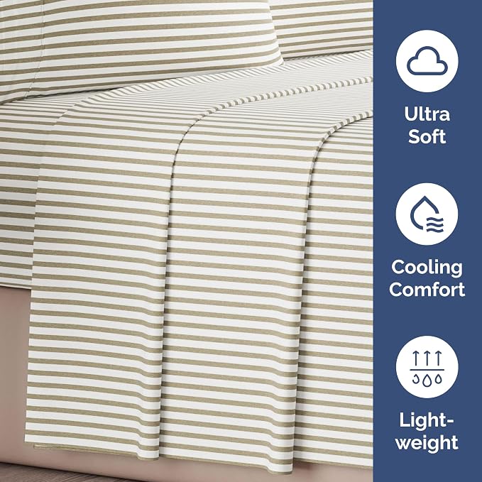 Cal King Flat Sheet - Single Top Flat Sheet Only - Cooling - Beige Stripes | Hotel Luxury Top Flat Sheet Only, Ultra-Soft, Breathable & Cooling, Fade & Wrinkle Free, Easy-Care, Stain & Shrink Resistant