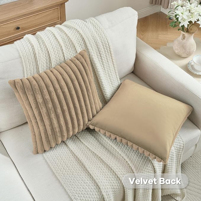 FUTEI Pack of 2 Faux Fur Throw Pillow Covers 16x16 Inch, Khaki | Fluffy Faux Rabbit Fur Front/Premium Velvet Back,Hidden Zipper,Machine Washable,Non-Shedding,Colorfast,Insert Not Included.
