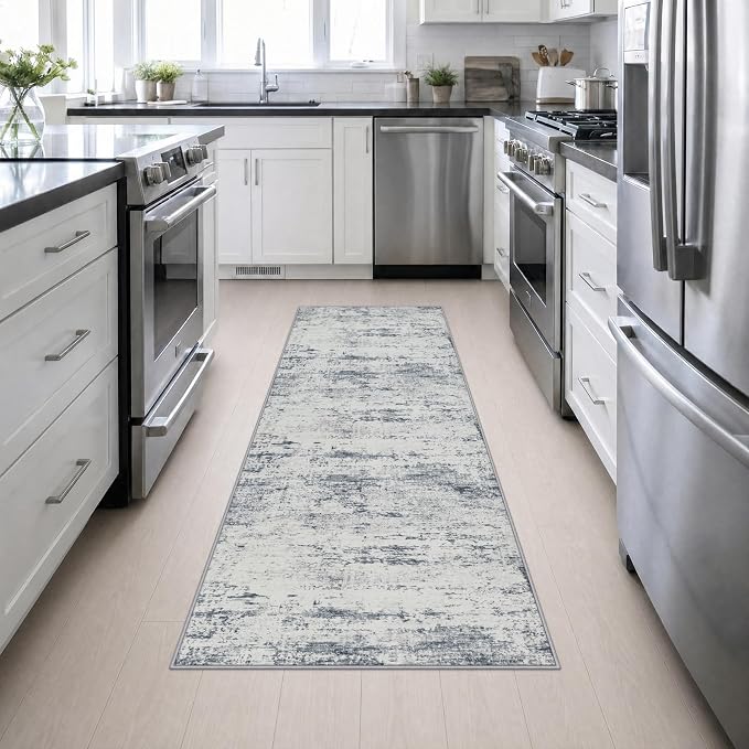 2.6x8 Washable Runner Rug：Modern Abstract Soft Carpet Blue Grey | For Hallway, Bedroom, Kitchen, Laundry, Bathroom,Door Mat,Modern Abstract,Machine washable,Non-Slip,Stain Resistant,Indoor
