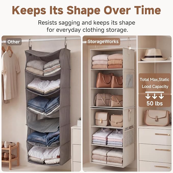 StorageWorks Hanging Closet Organizer, 6-Shelf with 2-in-1 Design, Ivory | Maximize Closet Space with Reinforced Shelves, Small Closet Storage Solution for Bedrooms, Dorms and RVs, Jumbo