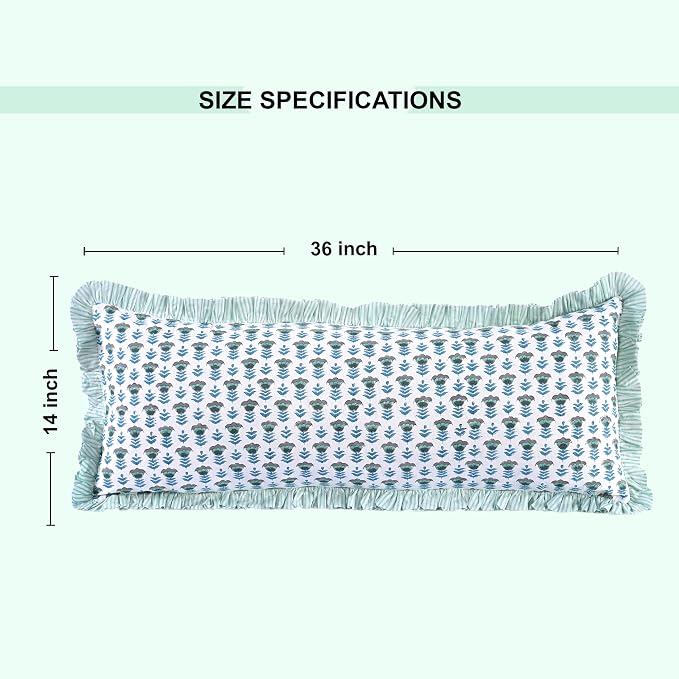 Ridhi Block Print Aquamarine Blue Ruffle Lumbar Pillow Shams, 36" x 14" | 100% cotton, Floral Pillowcase, Cushion Cover, Hidden Zipper, Cottagecore Bedding, farmhouse boho style, fits couch, sofa,Bed