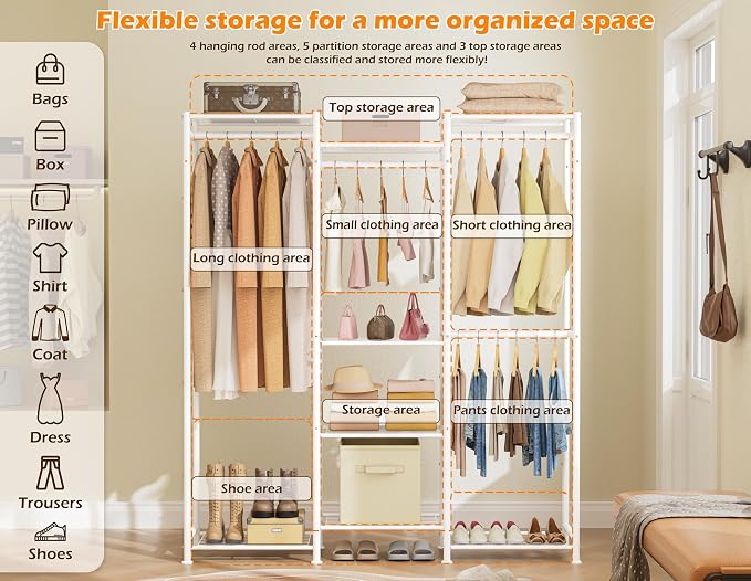 HOMIDEC Wardrobe Closet, 4 Hanging Spaces Portable Clothes Rack | Free Standing Closet Organizer and Storage System with Hanging Rods,Clothing Rack Suitable for Cloakroom,Bedroom,etc.White