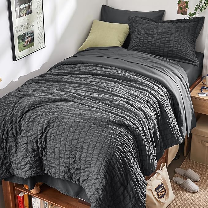 HYMOKEGE Twin XL Comforter Set Seersucker 5 Pieces, All Season Luxury Bed in a Bag for Bedroom, Bedding Set with Comforter, Sheet, Pillowcase & Sham, Dark Grey